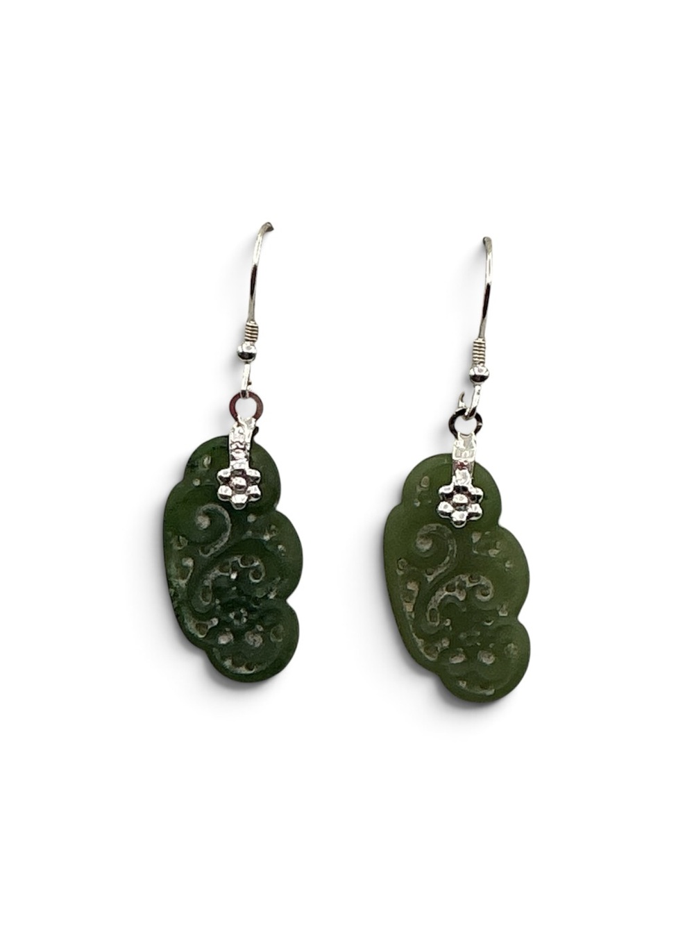 Green Carved Cloud Drop Earrings - Sterling Silver 925 Jewelry